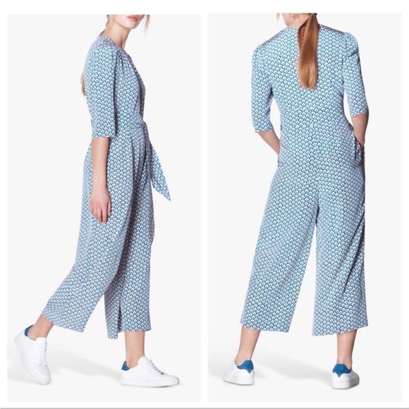 LK Bennett Joni Block Print 100% Silk Wide Leg Jumpsuit Blue White Casual Sz 12 - Picture 1 of 5